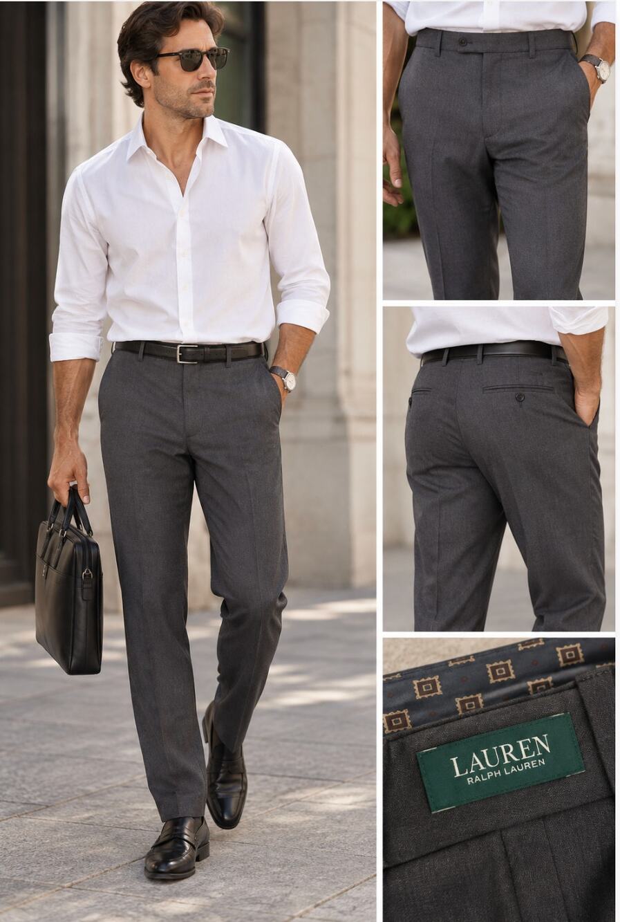 Lauren Ralph Lauren Mens Dress Pants 34W 30L Gray Slim Stretch Tailored Slacks